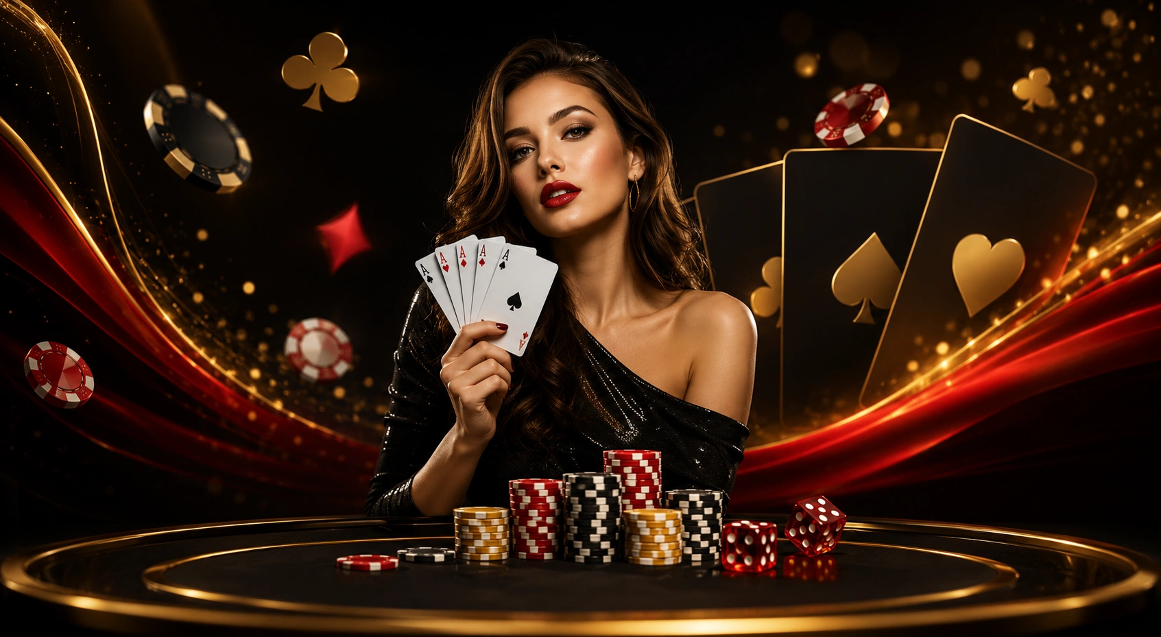 Playing cards casino chips and dice representing an Online King Game platform